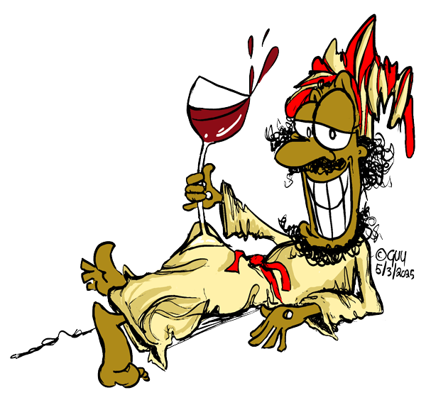 Gzuz, aka Jesus, sporting a big cheesey grin and holding a glass of wine whilst lying down