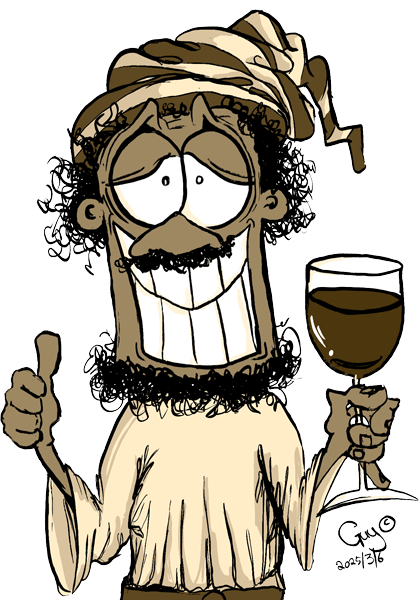 Gzuz, aka Jesus, holding a big glass of red wine and sporting a massive cheesy grin. In sepia tint.